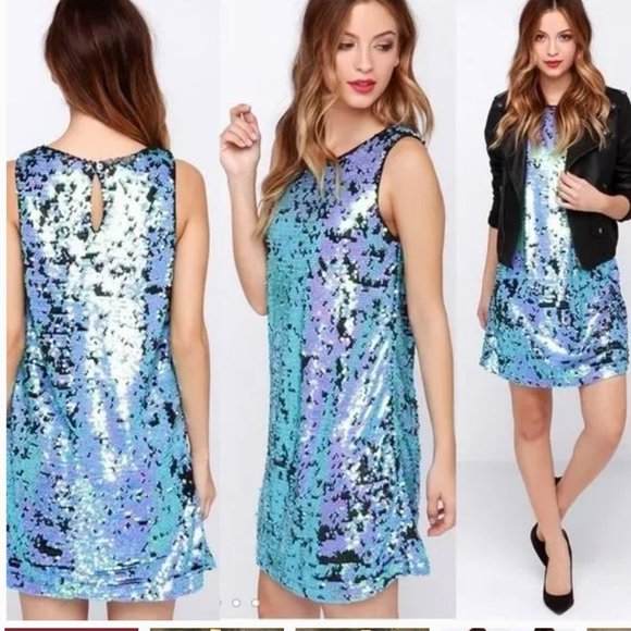 NWT Honey Punch blue/aqua sequins change of color mini dress Sz M - Picture 3 of 9